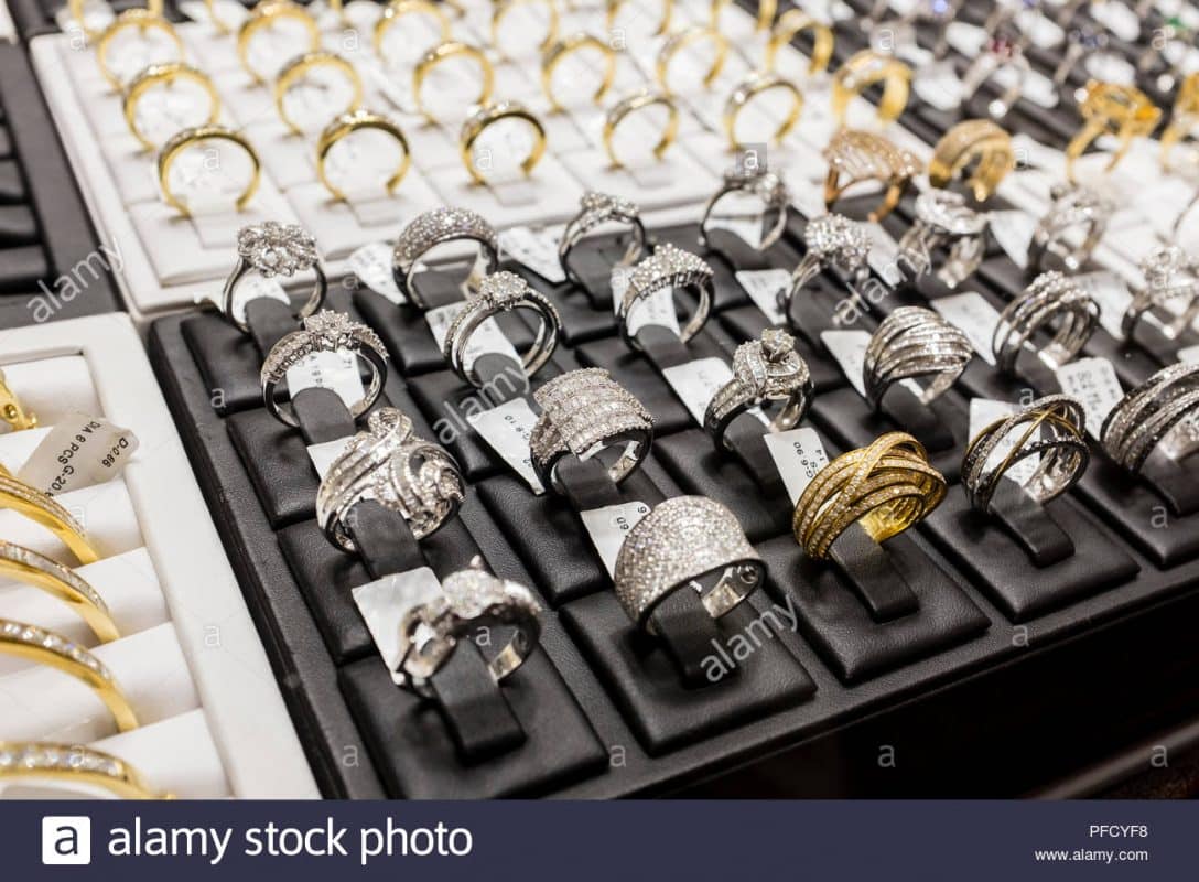 selection of gold and platinum diamond rings for sale in the gold souk in deira dubai uae PFCYF8